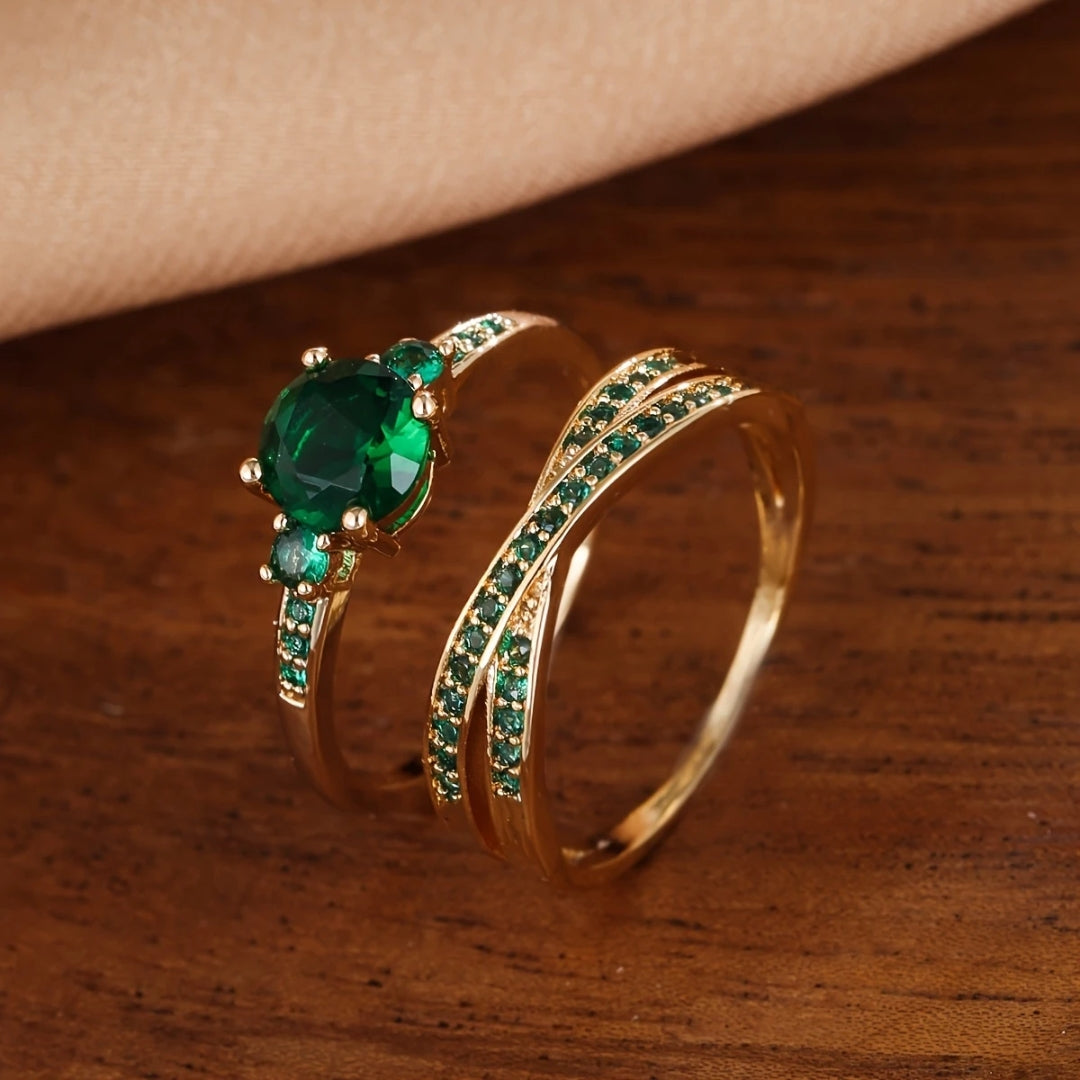 Inlaid Green Crystal Gold Ring Set - Elegant Stacking Rings