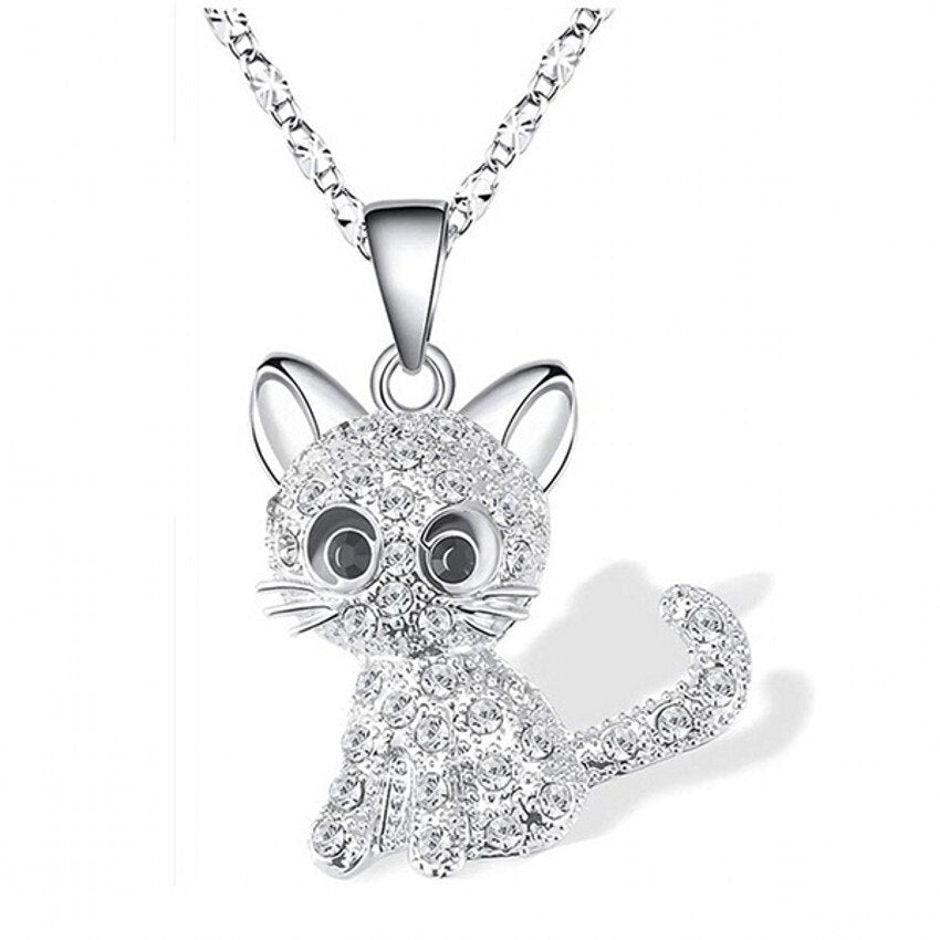 Silver Baby Kittens Necklace with Colored Zirconia Accents