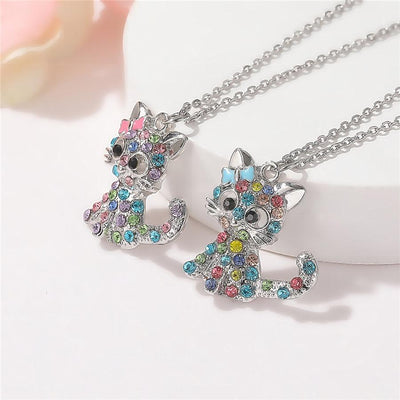 Silver Baby Kittens Necklace with Colored Zirconia Accents