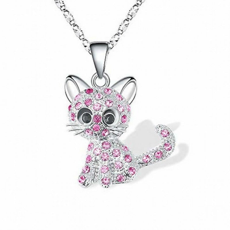 Silver Baby Kittens Necklace with Colored Zirconia Accents