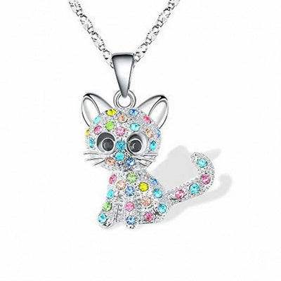 Silver Baby Kittens Necklace with Colored Zirconia Accents
